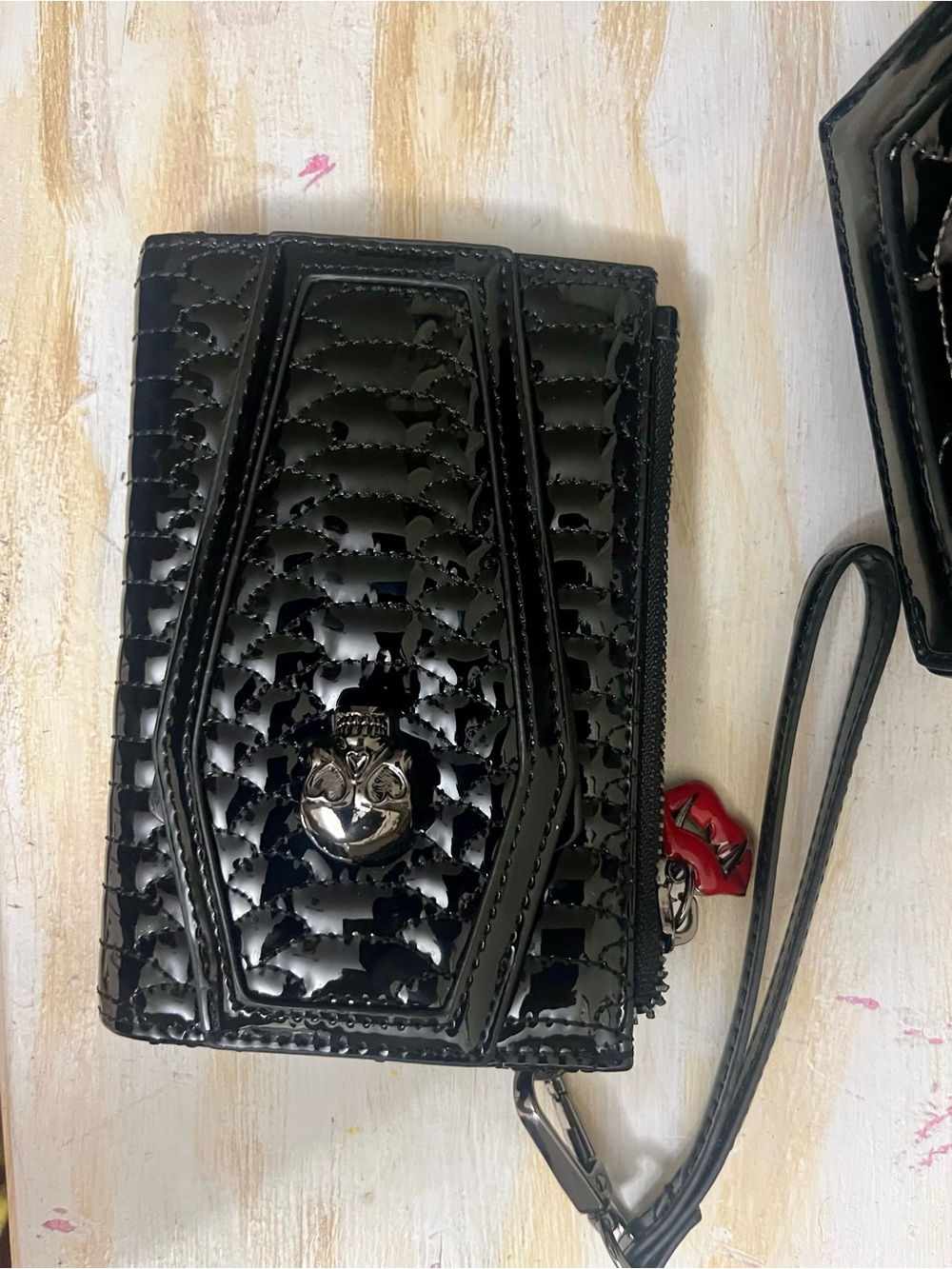 Betsy Johnson Black Patent Coffin Backpack purse and wallet - Picture 7 of 7